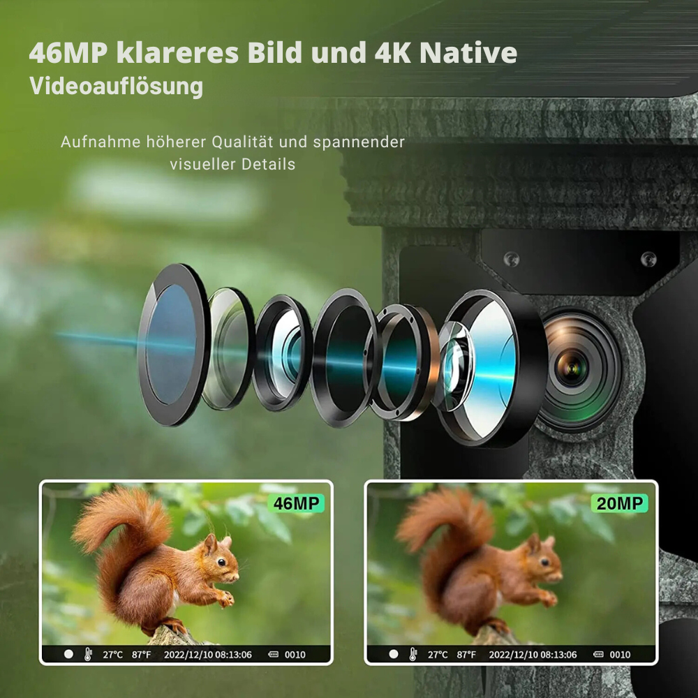 Wildkamera Solar 4G mit 4K-HD-Display, Nachtsicht, SMS-Steuerung + 128 GB Speicherkarte