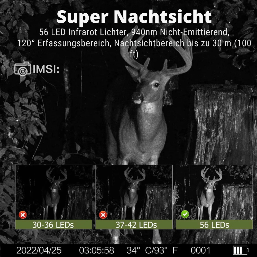 Wildkamera Solar 4G mit 4K-HD-Display, Nachtsicht, SMS-Steuerung + 128 GB Speicherkarte